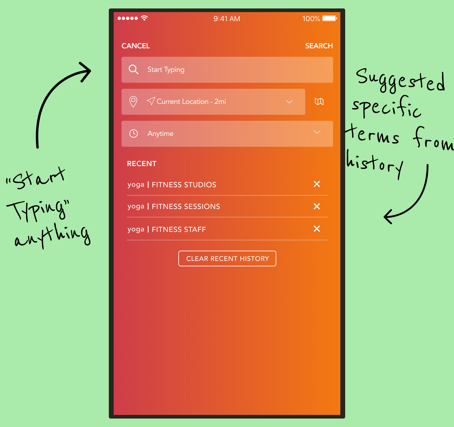 The Search section of our updated design, with search field, location field, and time and date field.