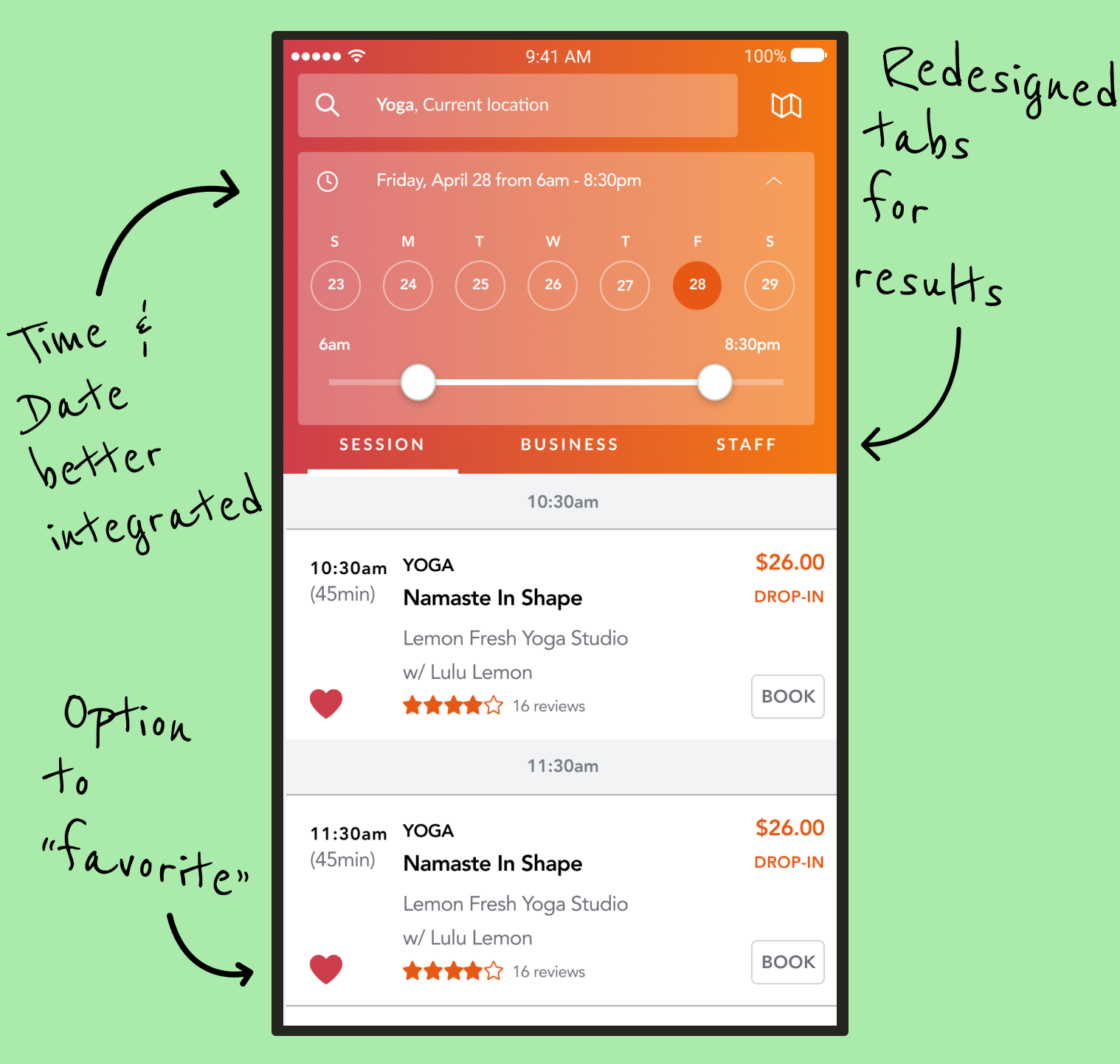 The Search Results page, with integrated date/time picker and redesigned tabs to filter Sessions, Businesses, or Staff.