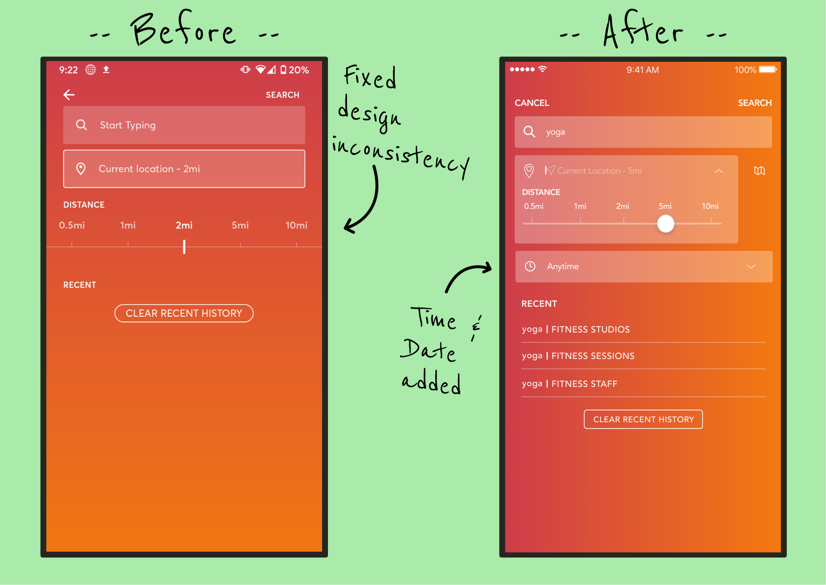 A Before and After showing their old design, and our redesign, of the search page.