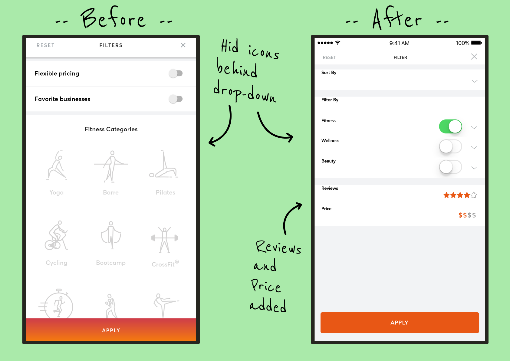 A Before and After showing their old design, and our redesign, of the filters page.